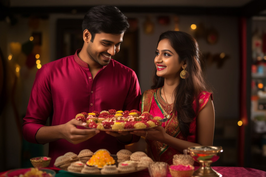 A photo of a happy young couple in traditional clothes holding s