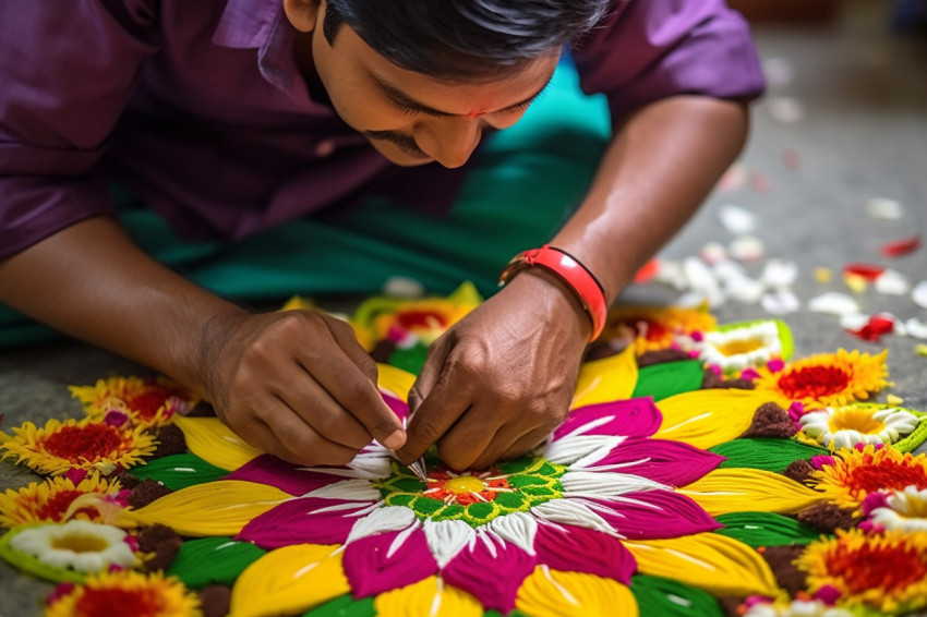 A photo of an Indian couple making a flower design on the floor