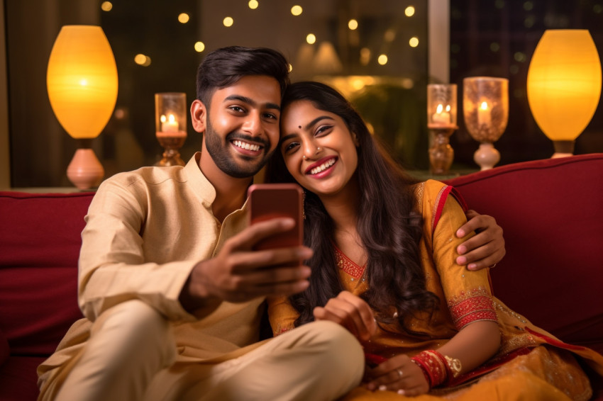A photo of an Indian couple taking a selfie with their smartphon