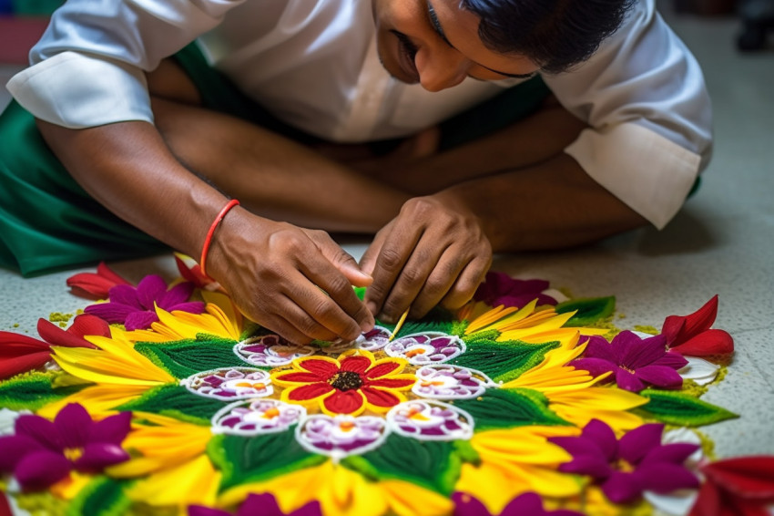 A photo of an Indian couple making a flower design on the floor