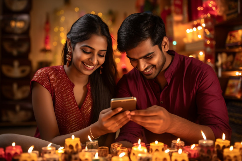 A picture of a good-looking Indian couple shopping online for Di