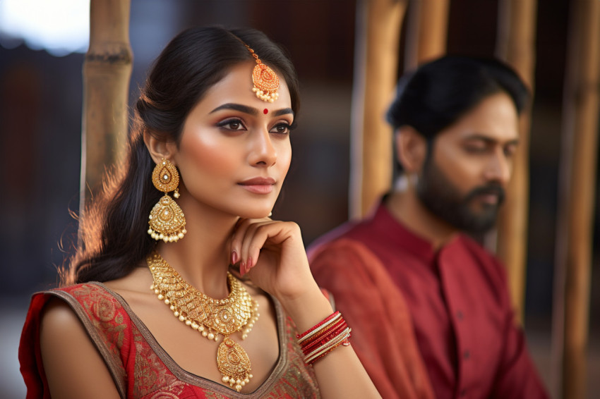 A photo of a young beautiful Indian woman in jewelry and tradition