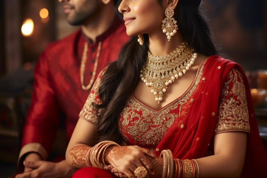 A photo of a young beautiful Indian woman in jewelry and traditi