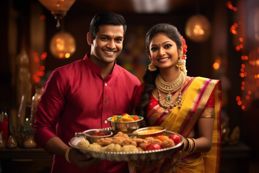 A photo of a happy young couple in traditional clothes holding s