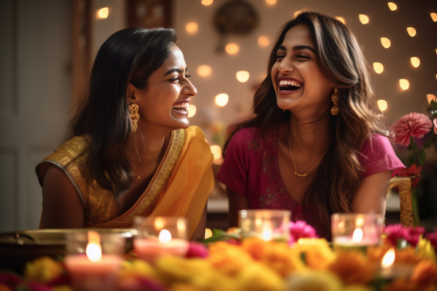 A photo of two young women laughing together at home during Diwa