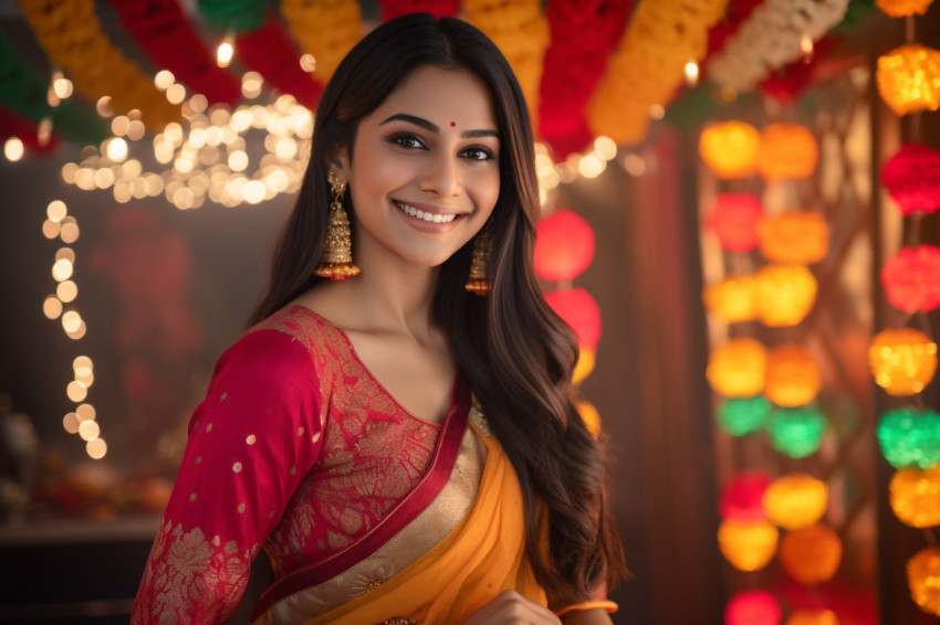 A photo of a beautiful young Indian woman in a traditional sari