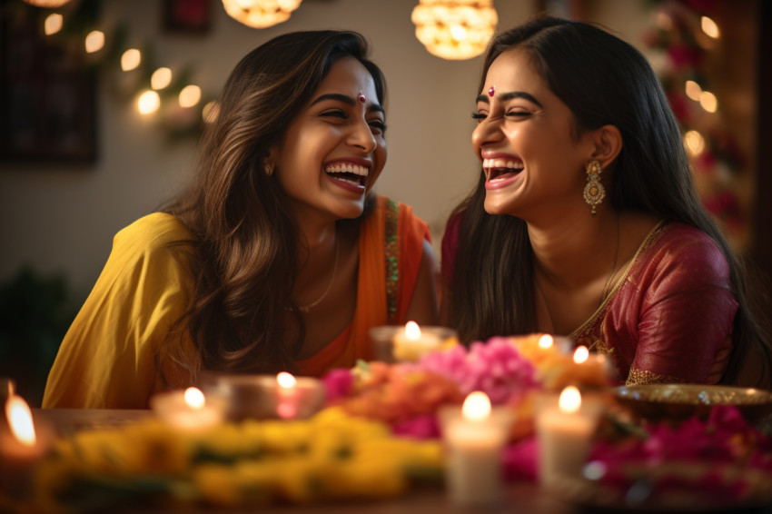 A photo of two young women laughing together at home during Diwa