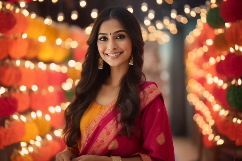 A photo of a beautiful young Indian woman in a traditional sari