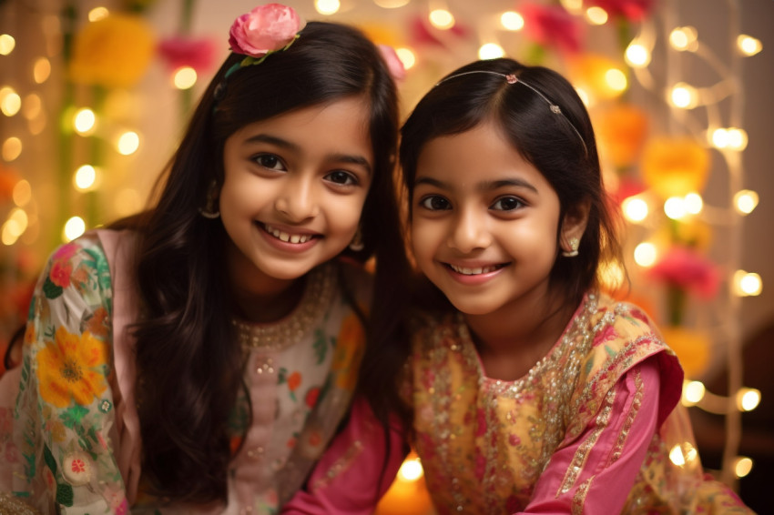 Two Indian children, a brother and sister, dressed up in traditi