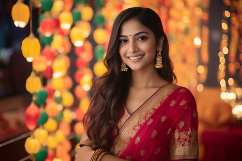 A photo of a beautiful young Indian woman in a traditional sari