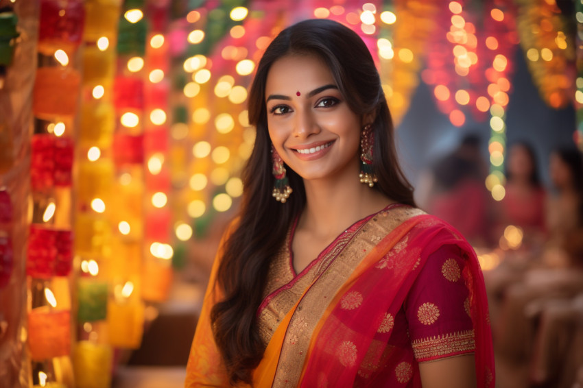 A photo of a beautiful young Indian woman in a traditional sari