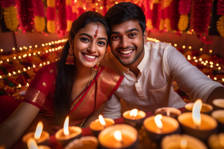 A picture of a happy young Indian couple having fun during the D A picture of a happy young Indian couple having fun during the D