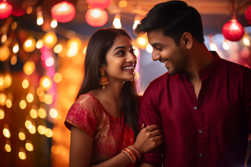 A picture of a happy young Indian couple having fun during the D A picture of a happy young Indian couple having fun during the D