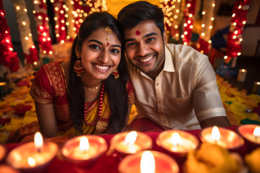 A picture of a happy young Indian couple having fun during the D A picture of a happy young Indian couple having fun during the D