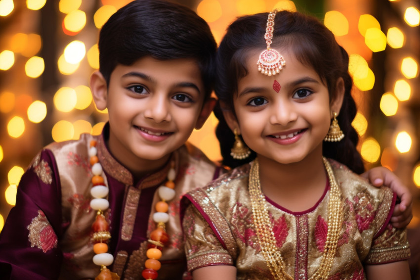 Two Indian children, a brother and sister, dressed up in traditi