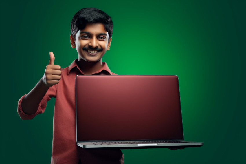 A picture of a young Indian boy holding a laptop with a blank gr