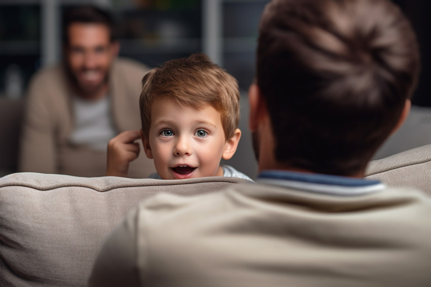 A photo of a father sitting on a couch with his preschool son ta