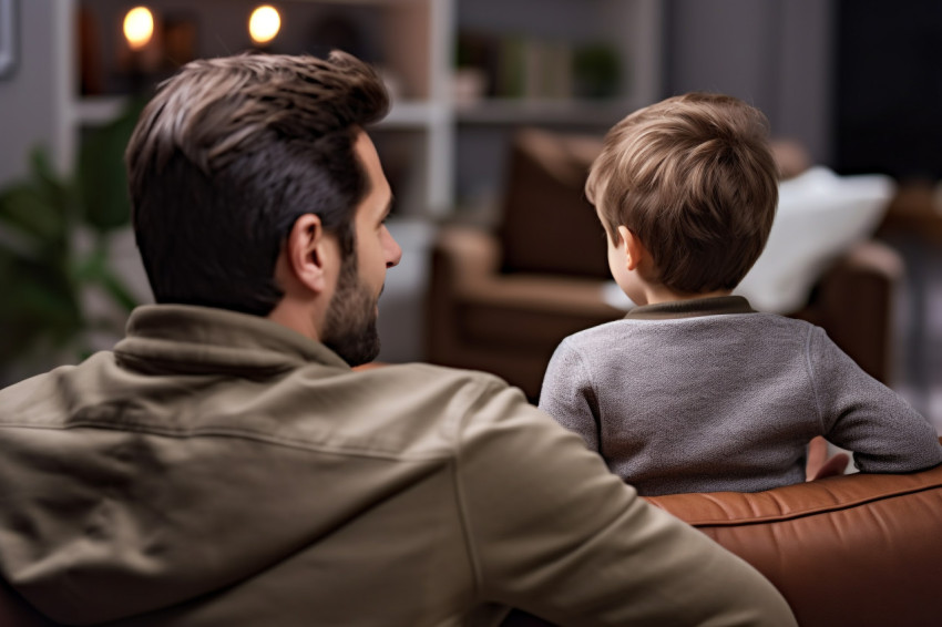 A photo of a father sitting on a couch with his preschool son ta