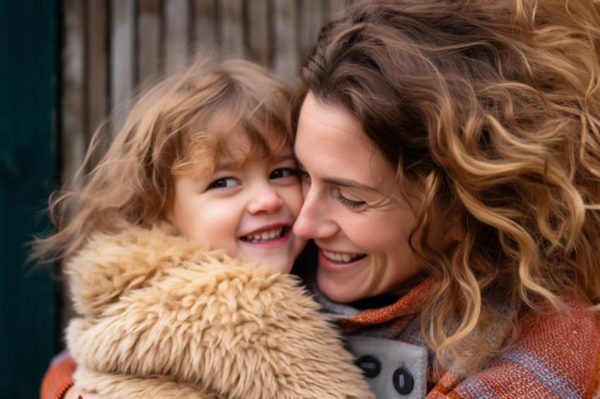 A photo of a loving young woman hugging her little preschool dau