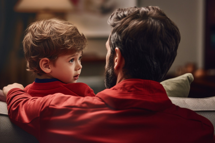 A photo of a father sitting on a couch with his preschool son ta