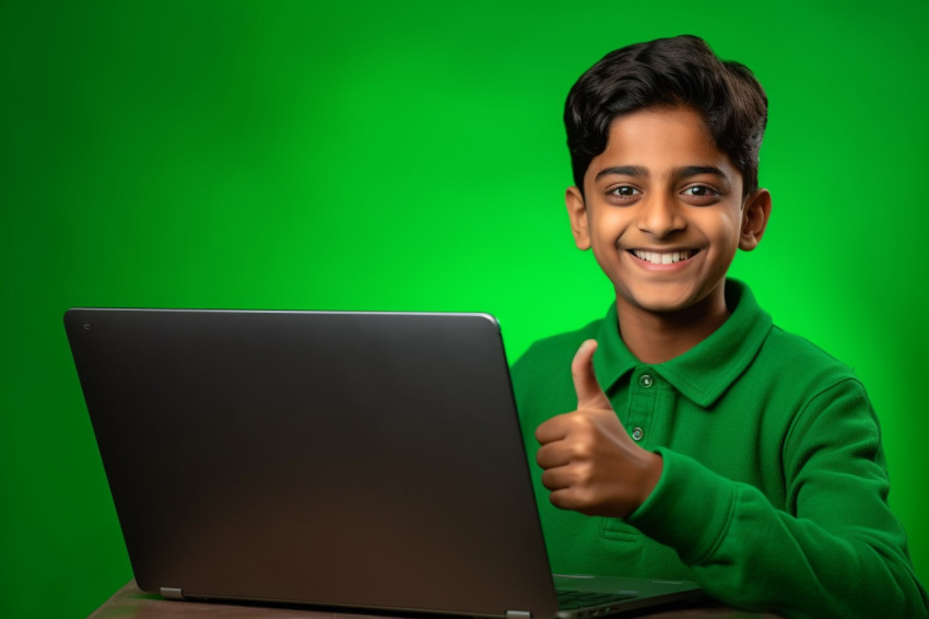 A picture of a young Indian boy holding a laptop with a blank gr