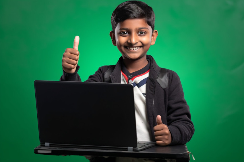 A picture of a young Indian boy holding a laptop with a blank gr