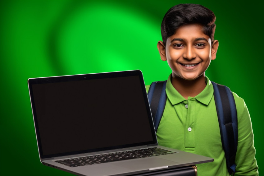 A picture of a young Indian boy holding a laptop with a blank gr