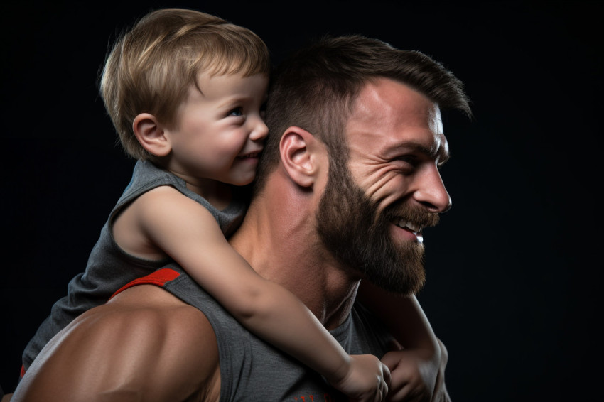 A photo of a young boy sitting on his fathers shoulders flexing