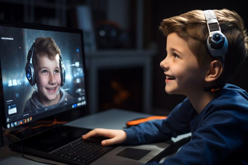 A photo of a child talking to their teacher during online class