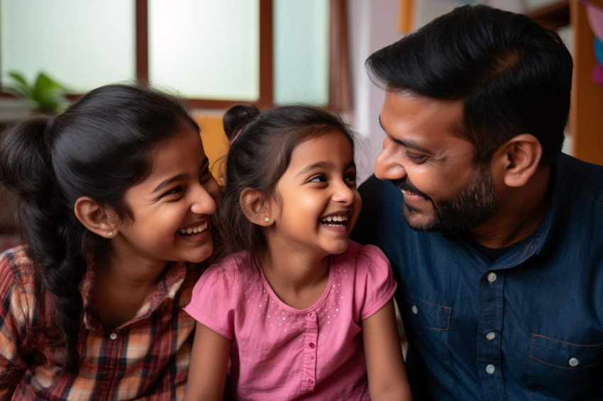 A picture of a happy Indian family with a little girl using a la