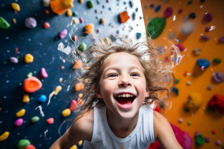 Picture of a happy girl climbing indoors