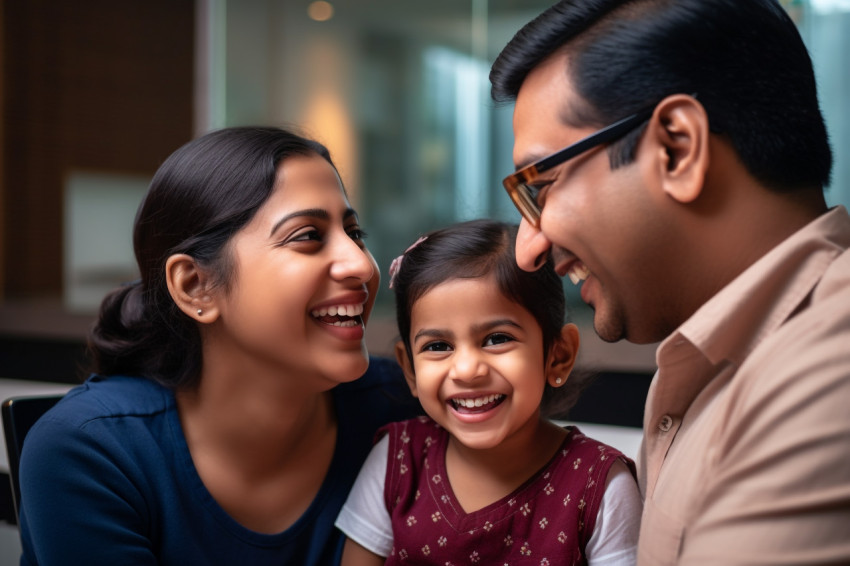 A picture of a happy Indian family with a little girl using a la