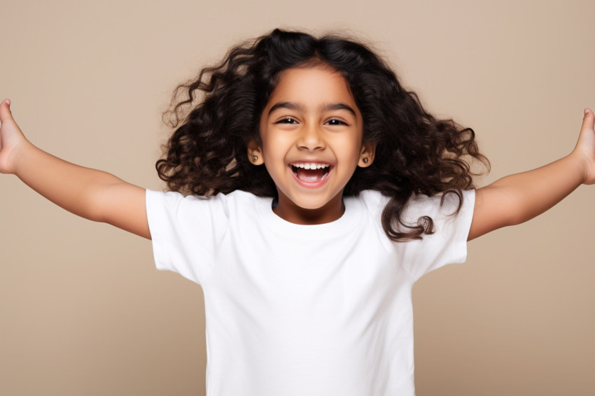 A photo of a happy little Indian girl in a white t shirt standin