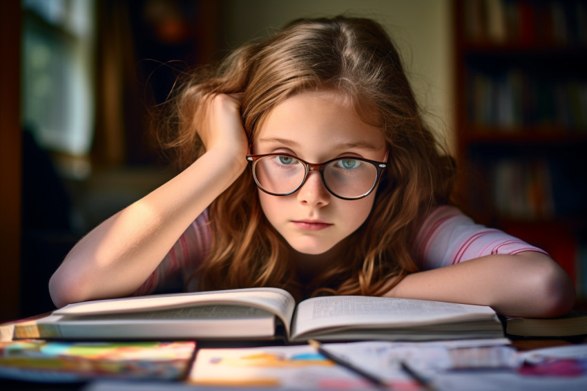 A picture of a girl studying at home in the living room