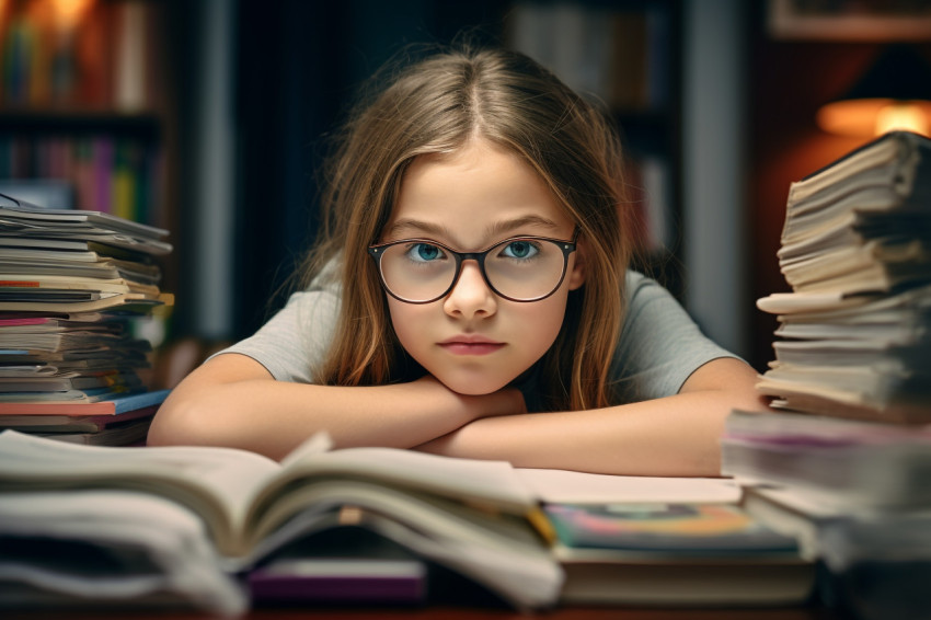 A picture of a girl studying at home in the living room