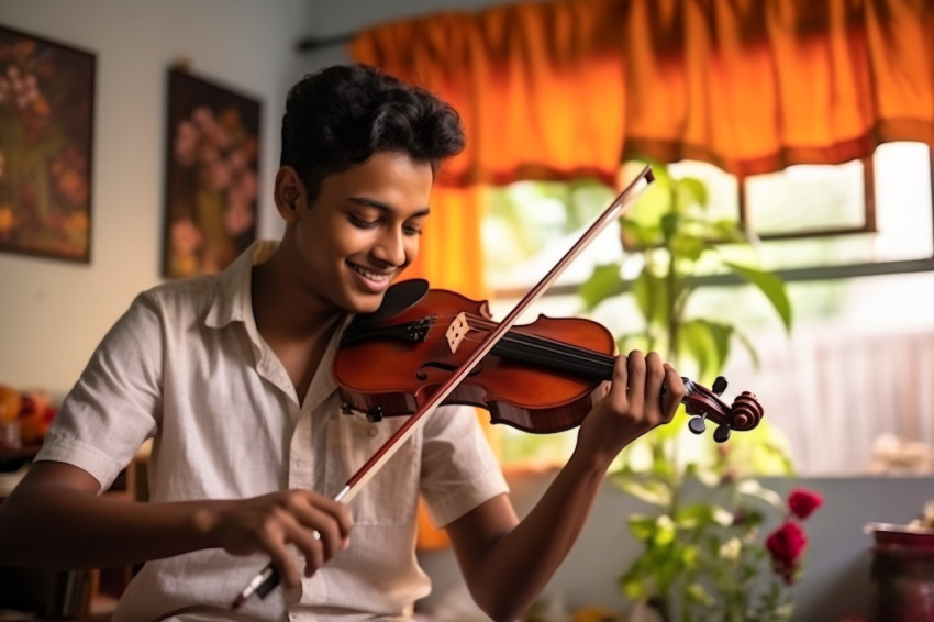 A photo of a happy Indian teenage boy playing the violin in his