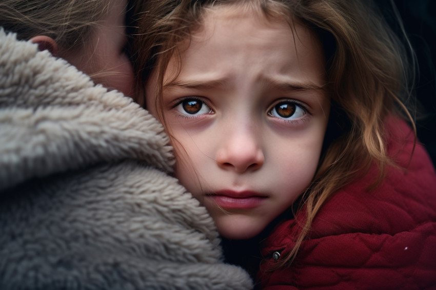 A close up photo of a sad little girl cuddling her mother The gi