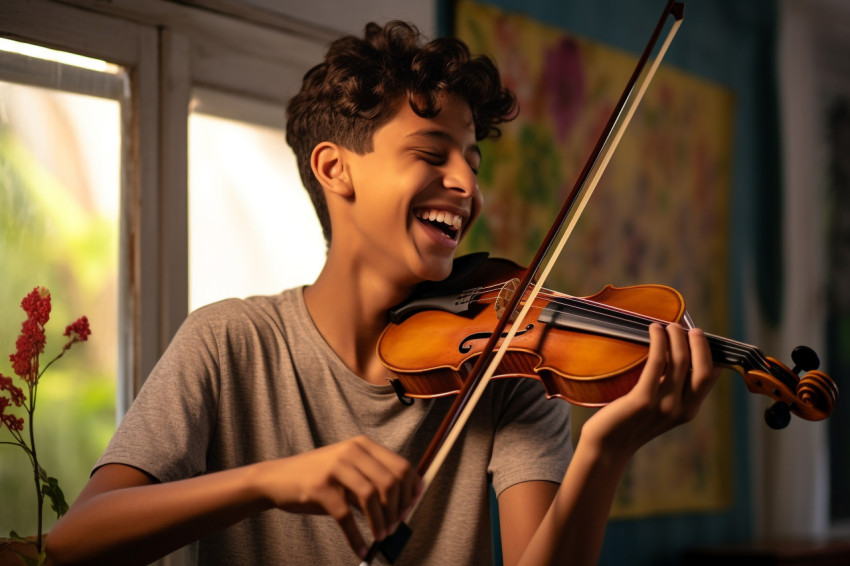 A photo of a happy Indian teenage boy playing the violin in his