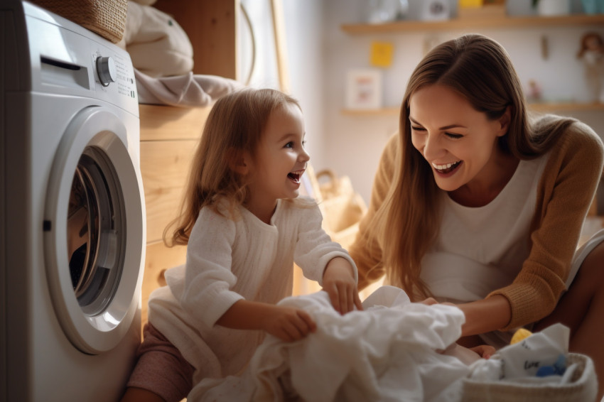 A photo of a happy mom and her young daughter smiling and having