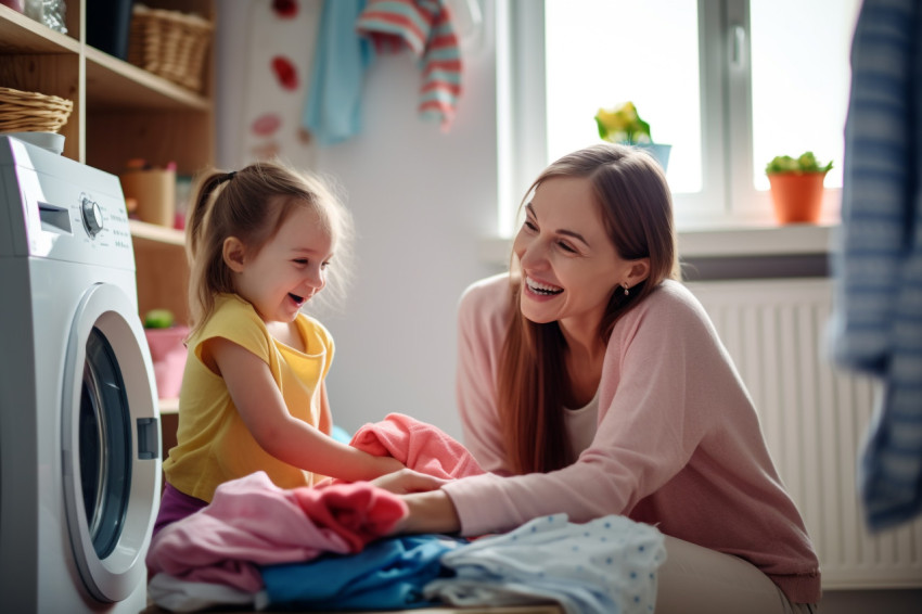 A photo of a happy mom and her young daughter smiling and having