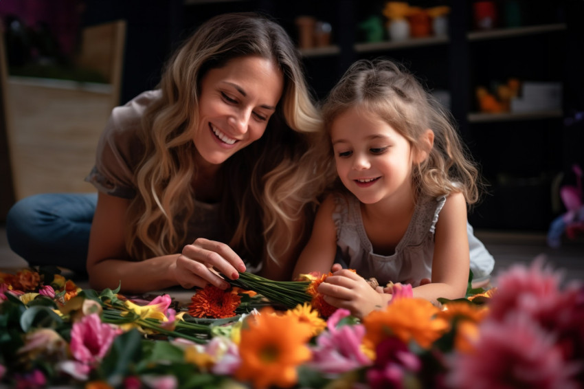 Picture of a young mom and her daughter caring for flowers while