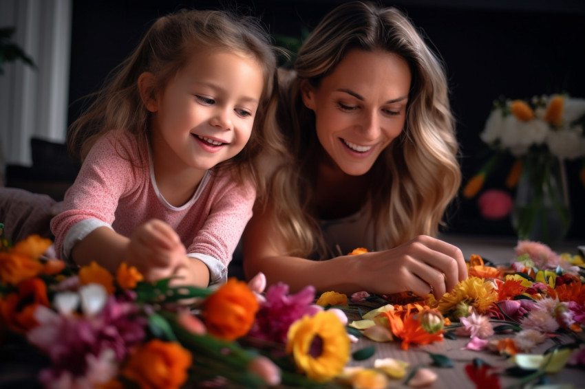 Picture of a young mom and her daughter caring for flowers while