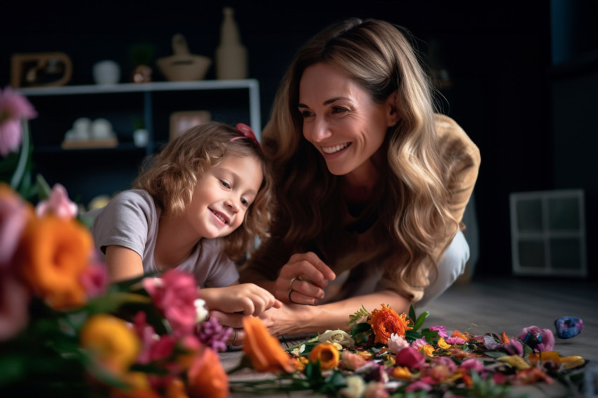 Picture of a young mom and her daughter caring for flowers while