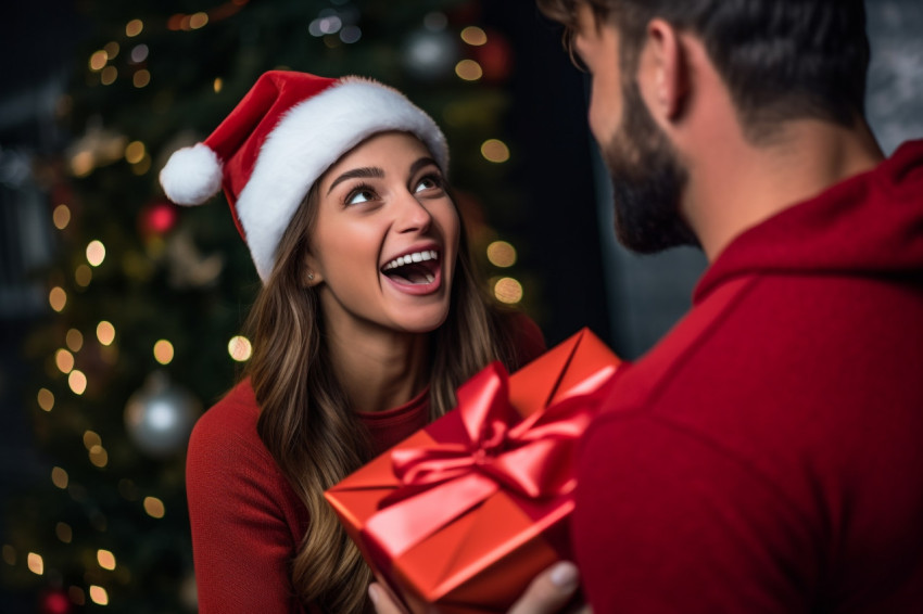 A close up photo of a man giving his girlfriend a Christmas gift