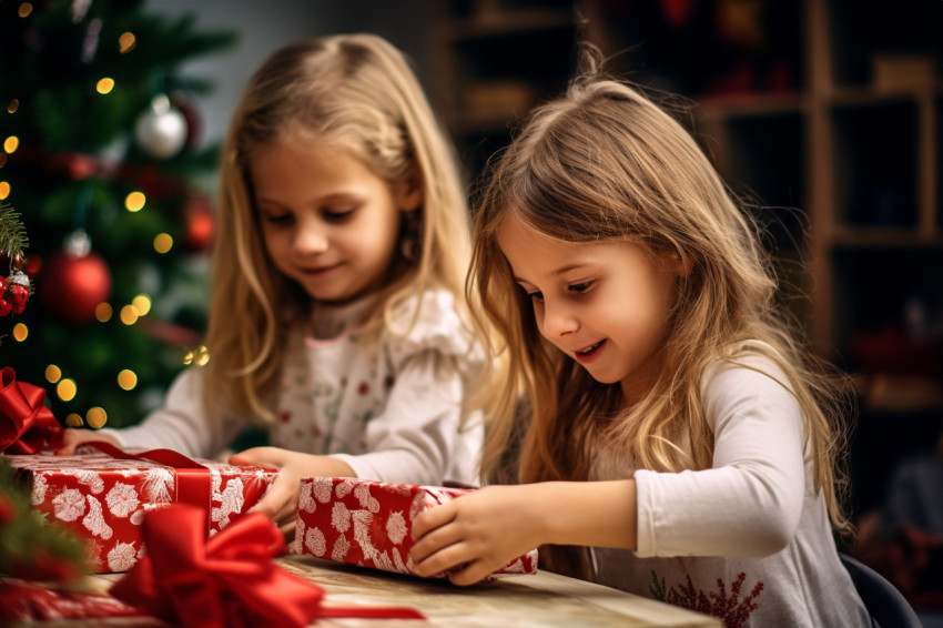 A picture of happy children opening presents on Christmas and ot