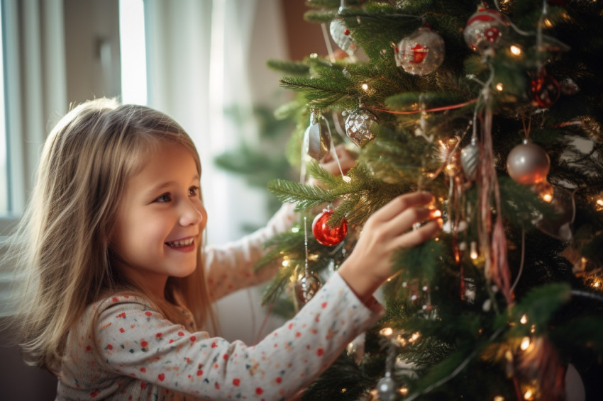 A picture of a mother and her daughter decorating a Christmas tr