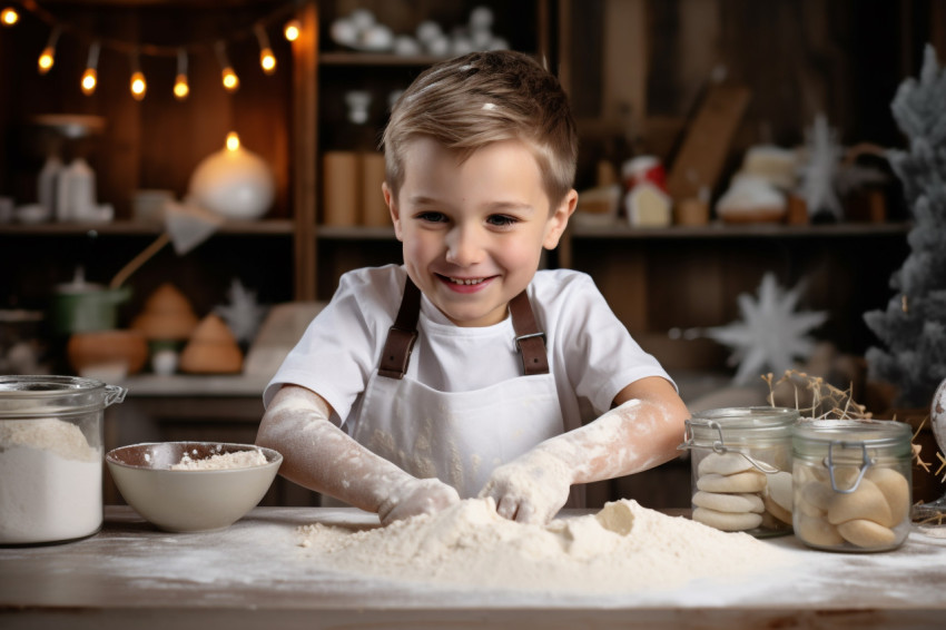 A picture of a cute boy with flour on his face baking Christmas