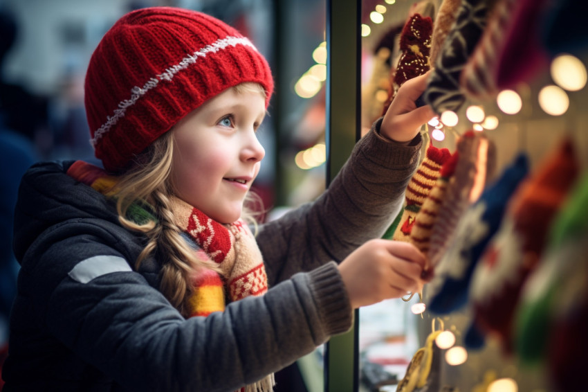 Children window shopping at a Christmas market in Germany on a s