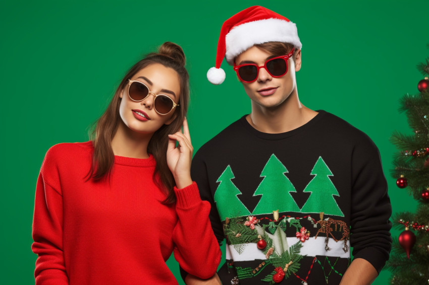 A photo of two young people in fashionable Christmas clothes on