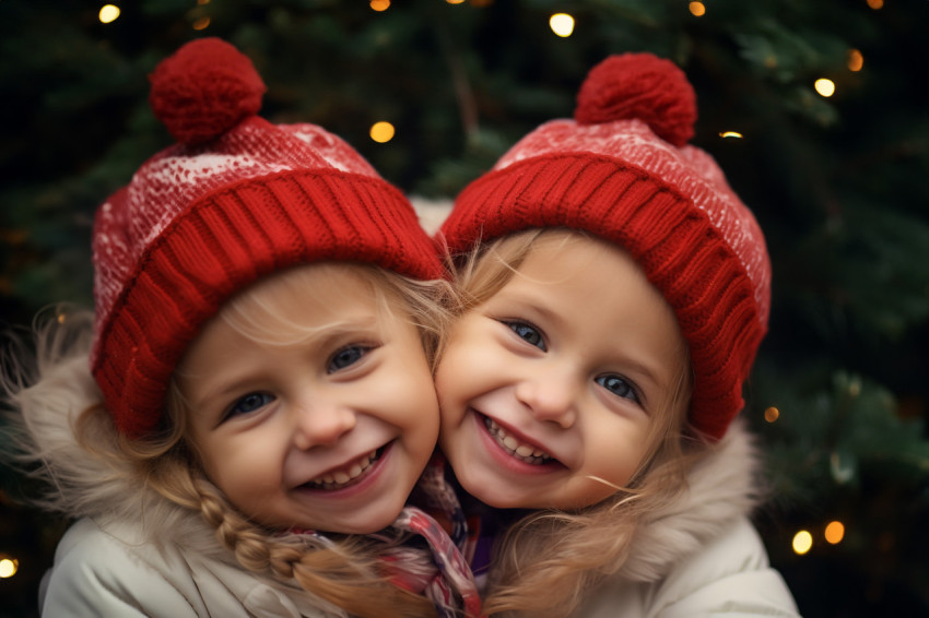 A photo of two happy and funny twin sisters hugging while celebr